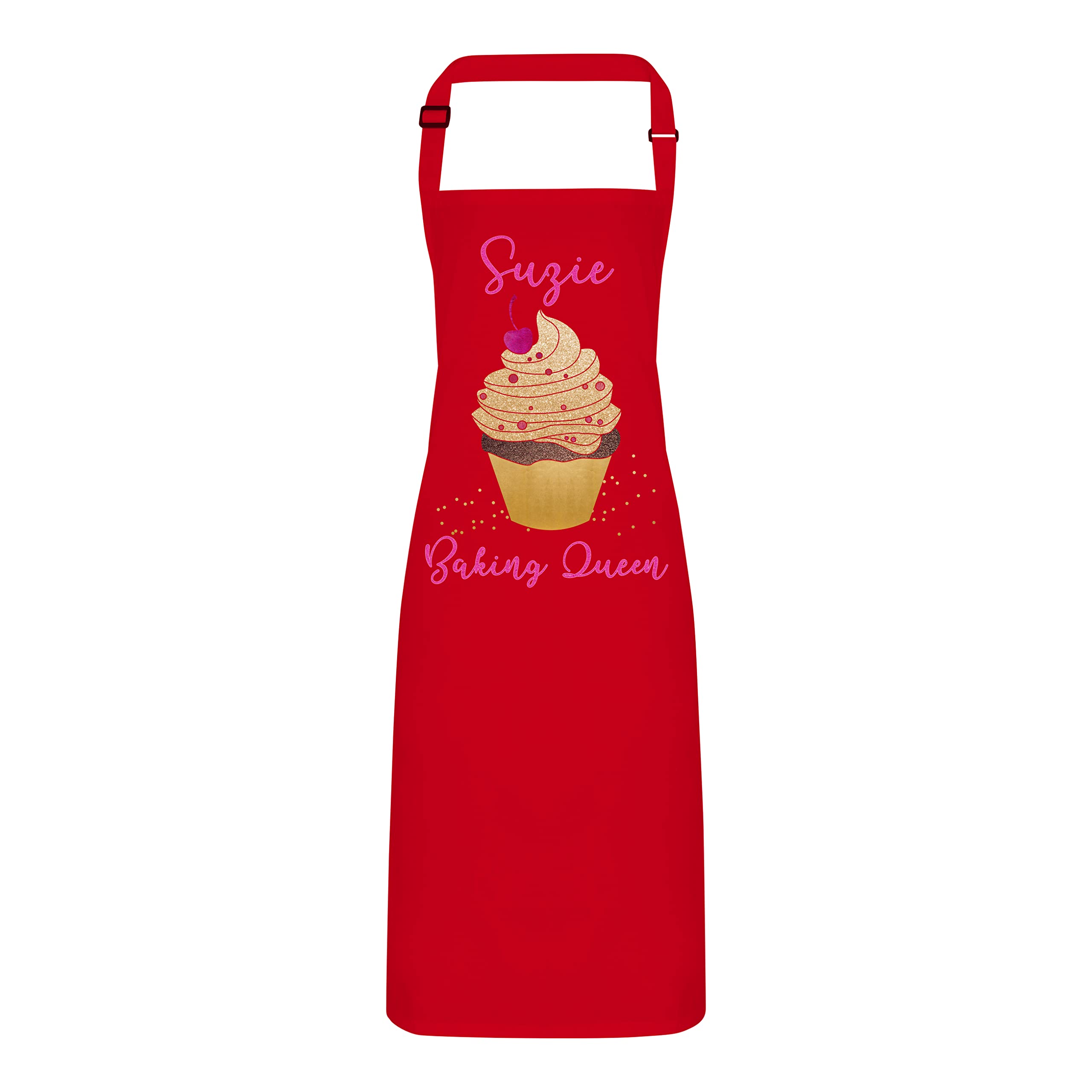 Personalised Apron - Cup Cake Baking Queen with Adjustable Neck Strap - Full Colour Print (Red)