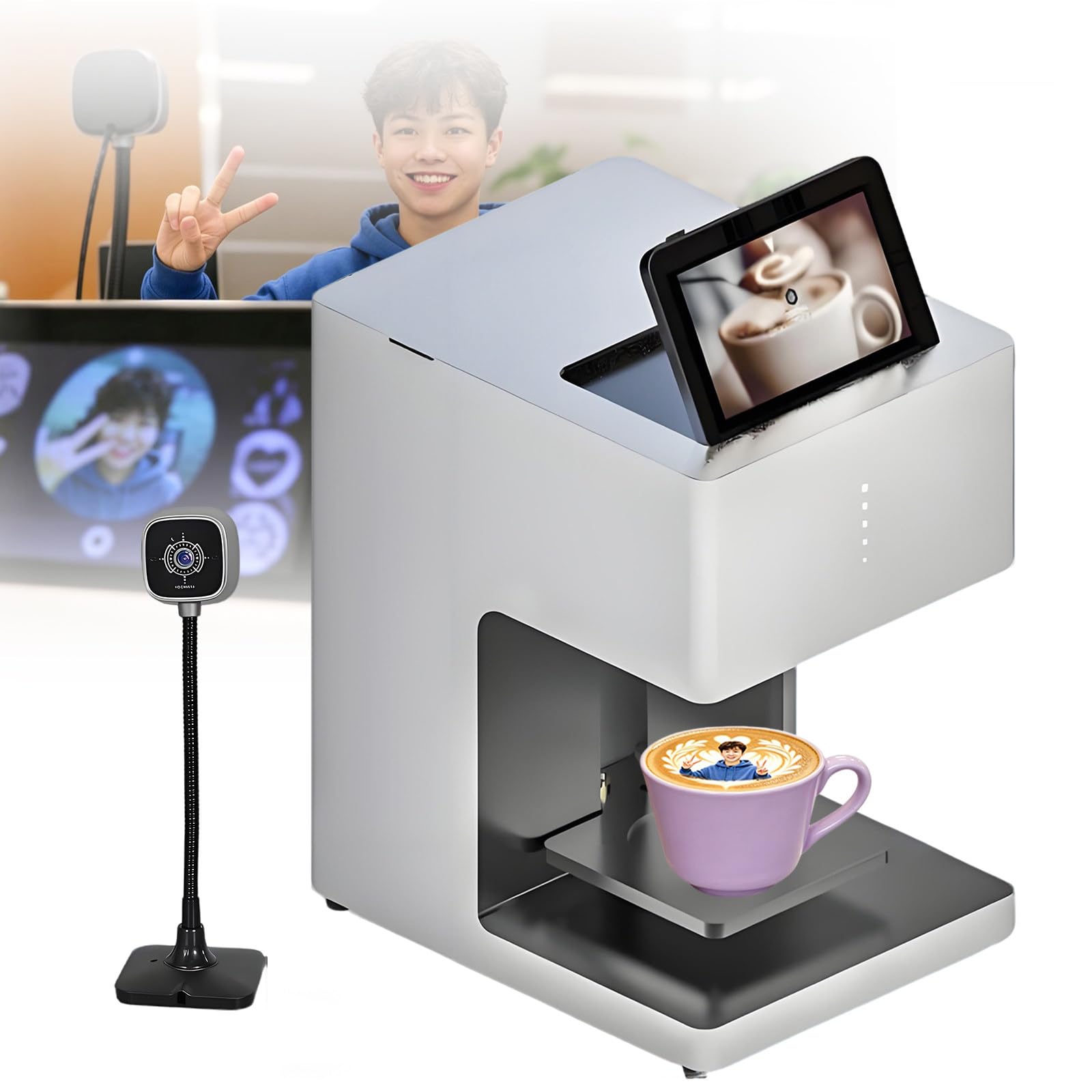 Drukarka Do Kawy Latte Art, Wzory Zdjęć, Tekst, Logo, Druk Diy, Dekoracje Do Kawy, Deserów, Ciast, Ciasteczek, Kody Qr Na Stołach; Goście Skanują I Drukują Natychmiast FullColorWhite+Camera