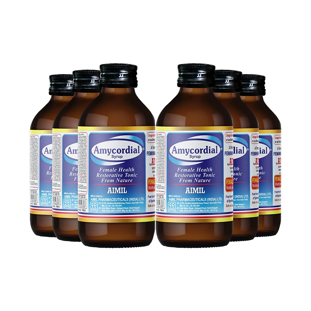 AIMIL Amycordial Syrup - 200ml (Pack of 6) | Female Health Restorative Tonic | Contains Shatavari, Amla, Guduchi, Methi and more