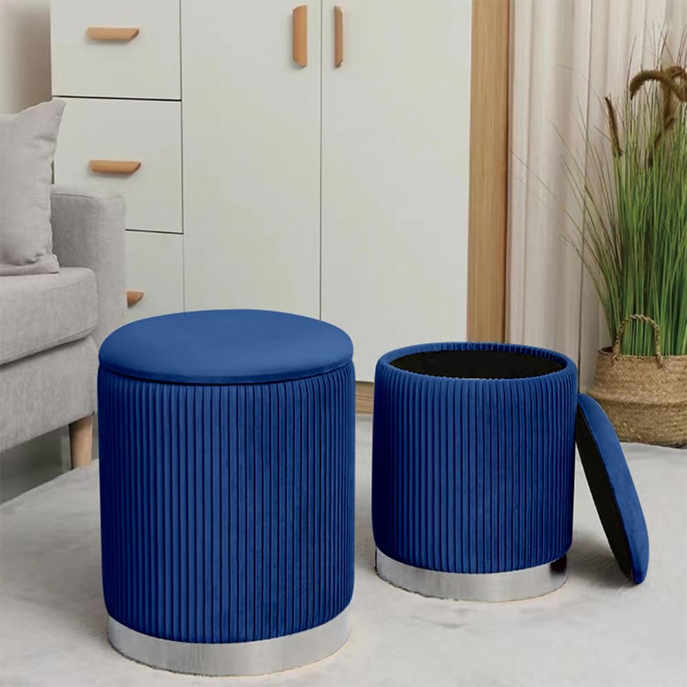 Shally Dogan Set 2 Pouf Contenitori in Velluto, Design Moderno con Fascia in Metallo, Poggiapiedi Rotondo Capiente, Sgabello Tondo con Coperchio Rimovibile e Seduta Imbottita Alta Densità (Blu)