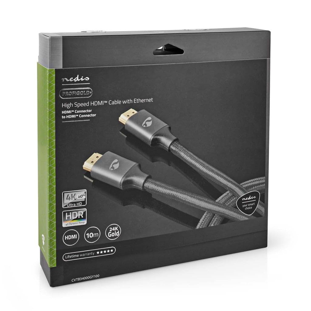 NEDIS Cavo HDMI ad alta velocità con Ethernet, connettore HDMI™, connettore HDMI™, 4 K a 30 Hz, ARC, 18 Gbps, 10 m, rotondo, cotone, grigio fucile, confezione esterna