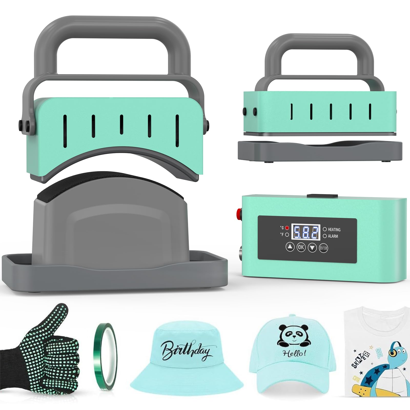 Máquina de prensado de sombreros 2 en 1 ITEFDTUTNE, máquina de prensado térmico para gorras, camisetas y bolsas con elemento calefactor curvo de 3, 15, 5 y 5 pulgadas, placa de silicona, temporizador de temperatura digital LCD, control sin arrugas