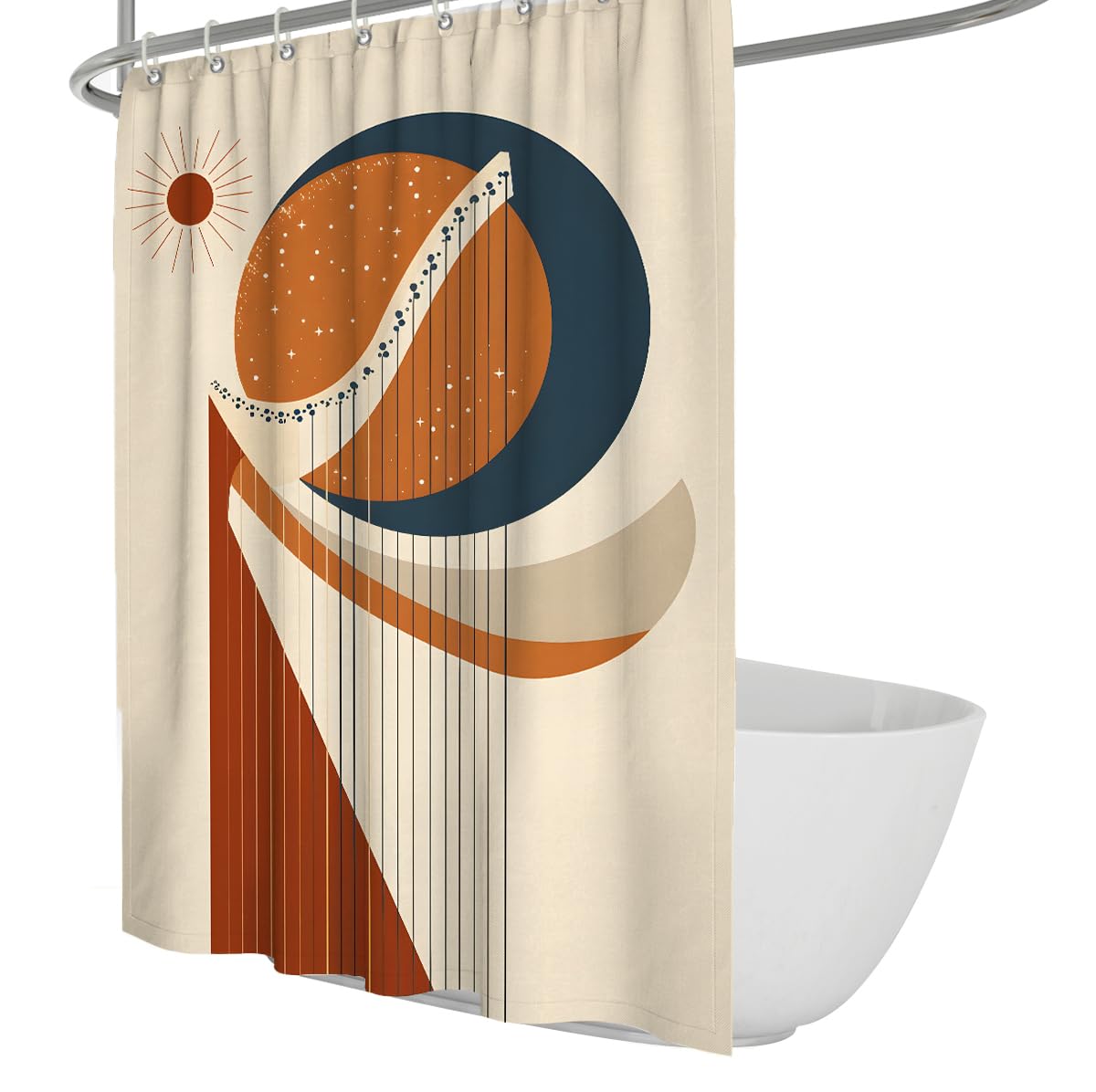 UIRINGART Celestial Shower Curtains W150xL200cm Abstract Geometric Sun Moon Vertical Line Star Dot Terracotta Pattern Mildew Mould Resistant Fabric Bathroom Curtain