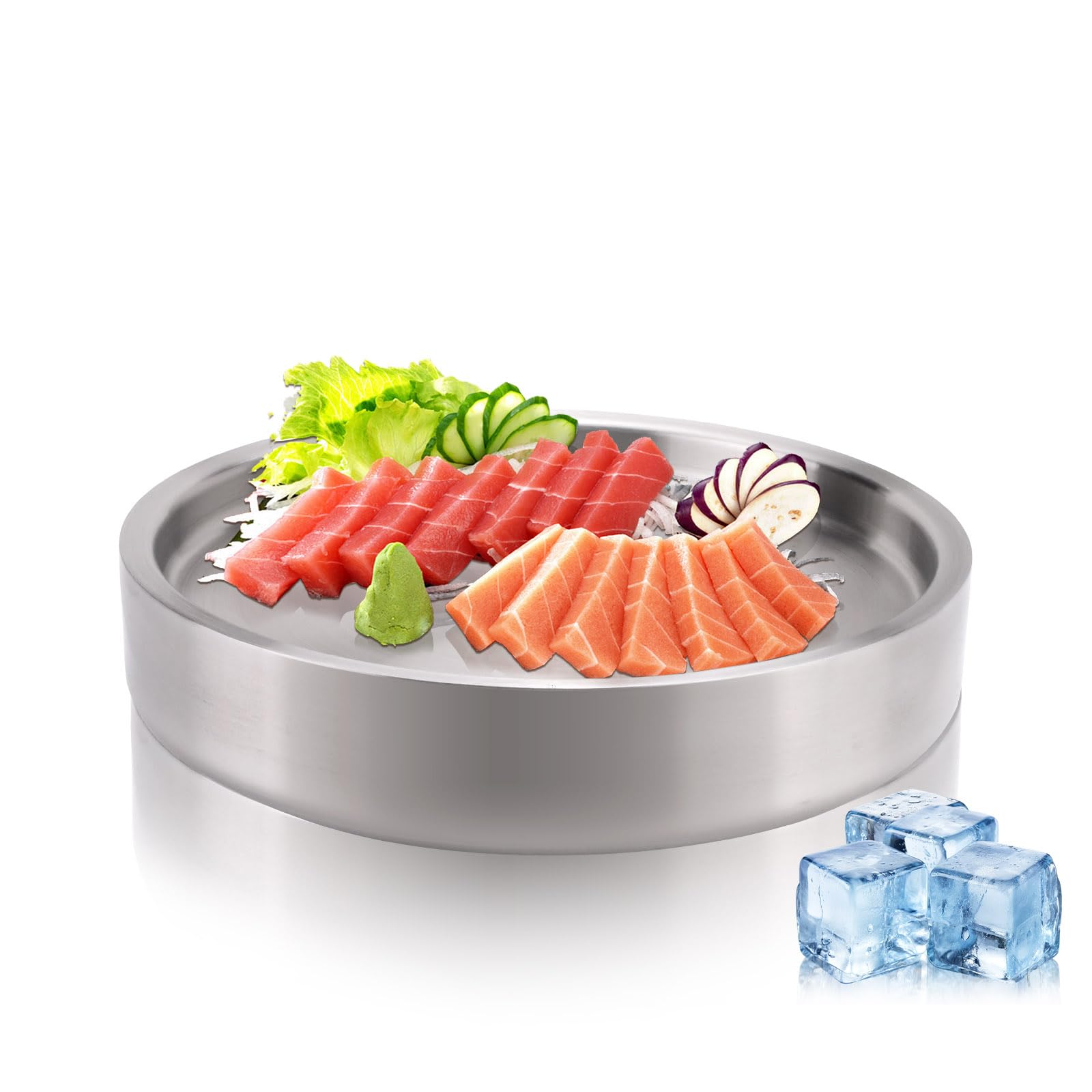Plateau de service réfrigéré en acier inoxydable 304 de 23,6 cm, pour apéritif et crevettes avec glace en dessous, plateau de fête glacé pour buffet alimentaire (argenté)