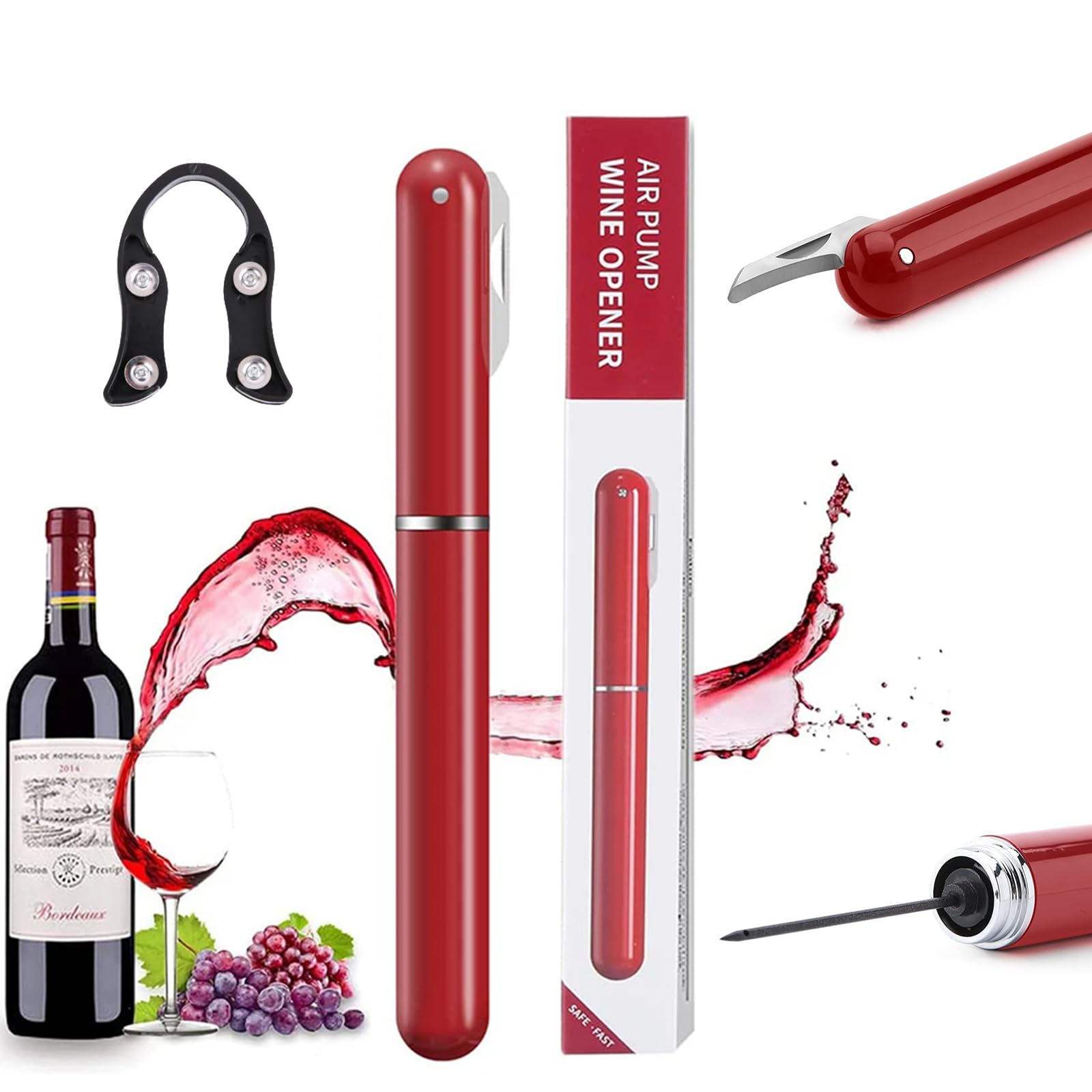 Sacacorchos Aire,2 in 1 Vino Presión de Aire Abrebotellas,Sacacorchos Aire Presion,Abridor de Vino Aire Comprimido Presión,Sacacorchos,Para amantes del vino,Fiestas y cenas,Rojo