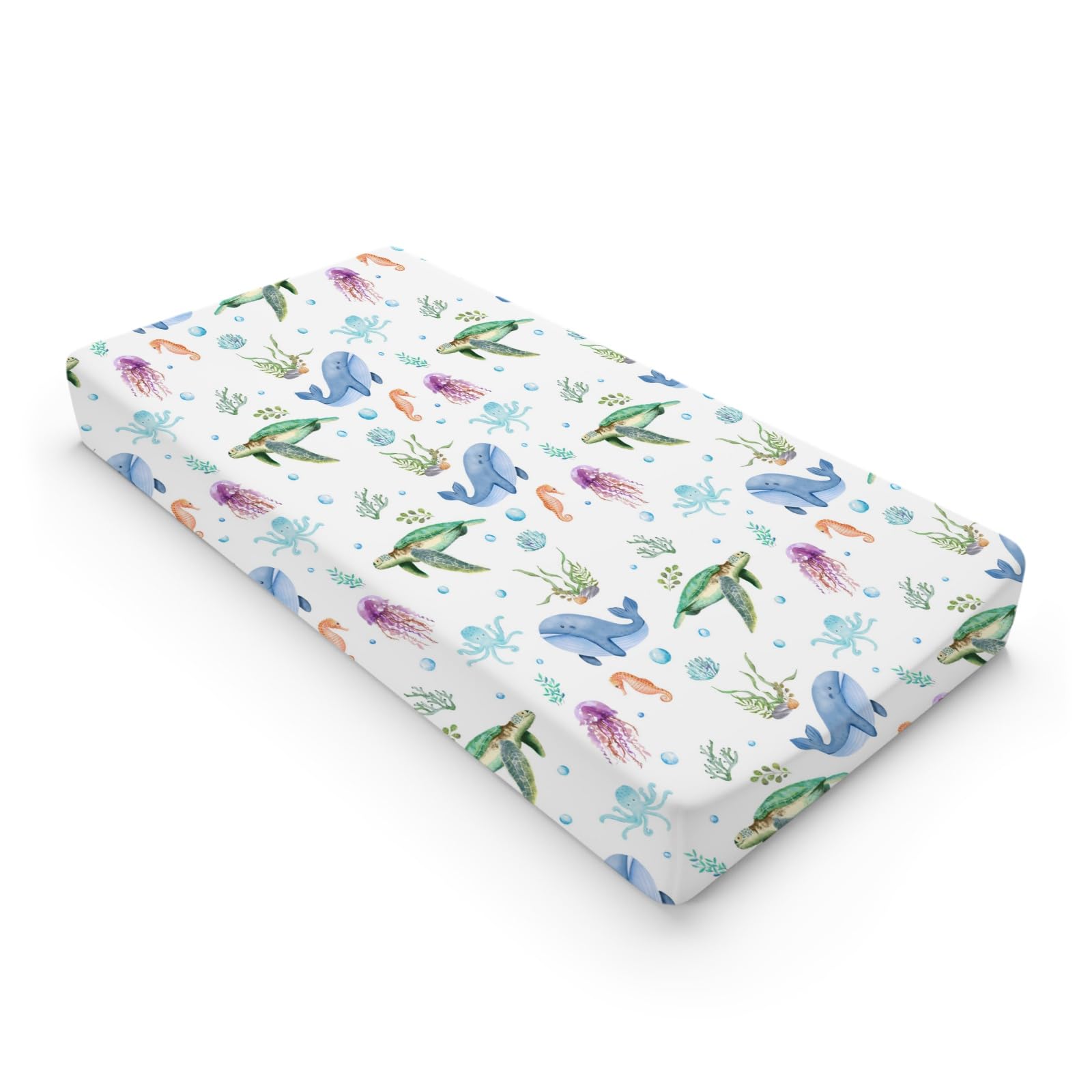 Colorful Sea Animals Changing Pad Cover Ocean Turtle Whale Jellyfish Sea Horse Weeds Sealife Diaper Change Table Pad Cover for Boys Girls Soft Stretch