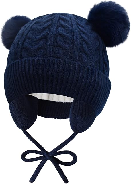 GRPSKCOS Baby Bobble Hat Pompom Beanie Knit Earflaps Winter Cap with Fleece Lining for Infant Toddler Boys Girls 0-3 Years