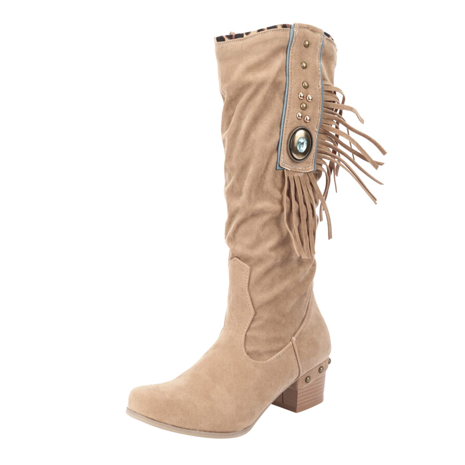 Botas de Invierno Mujer Botas de tacón Grueso con borlas Ante a la para Mujer