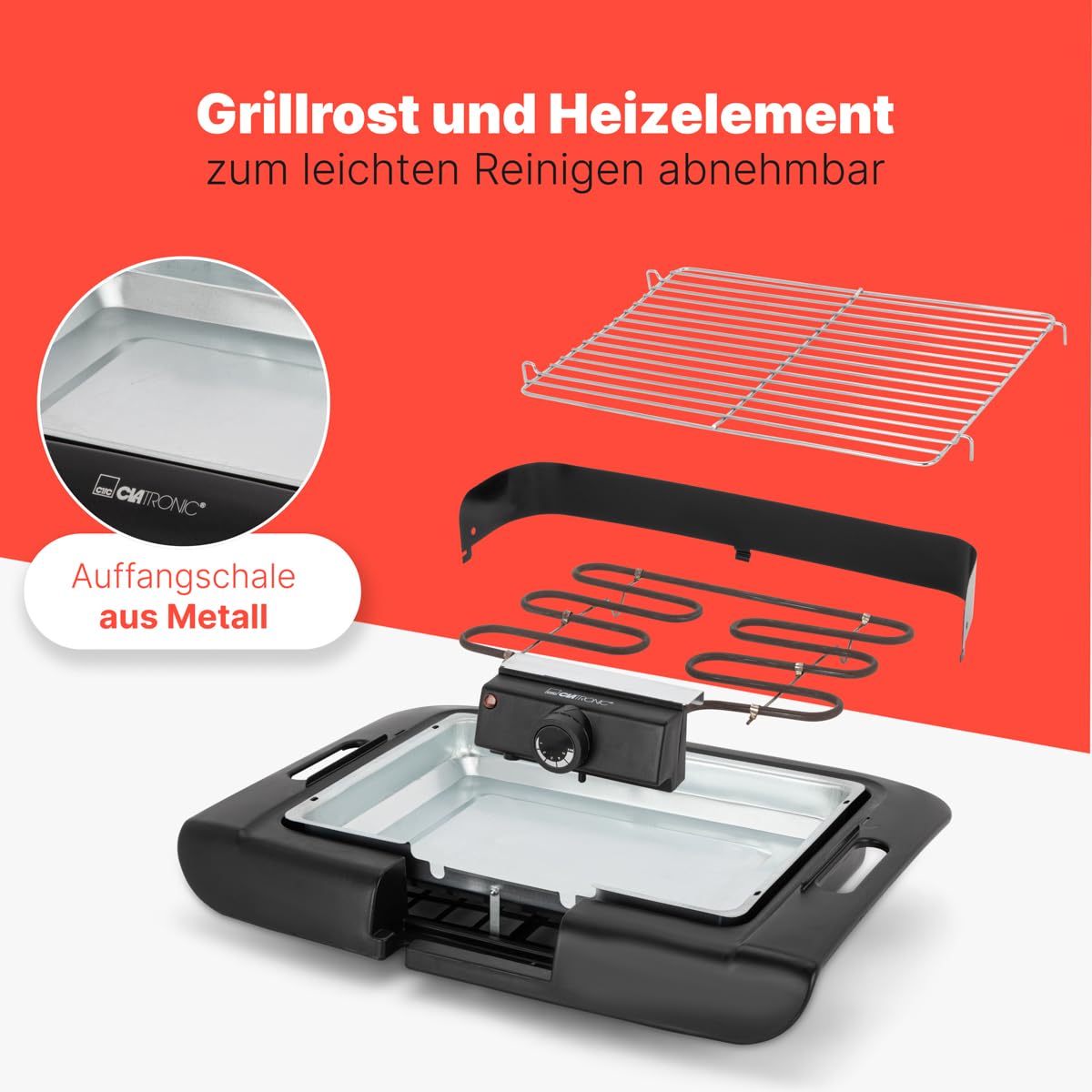 Clatronic Gril électrique BQ 3507, Barbecue de table,Indoor-Outdoor BBQ,petit,gril de table électrique pour balcon/camping/jardin,grille,protection contre le vent,surface de gril: 36x25 cm, 2000 watts