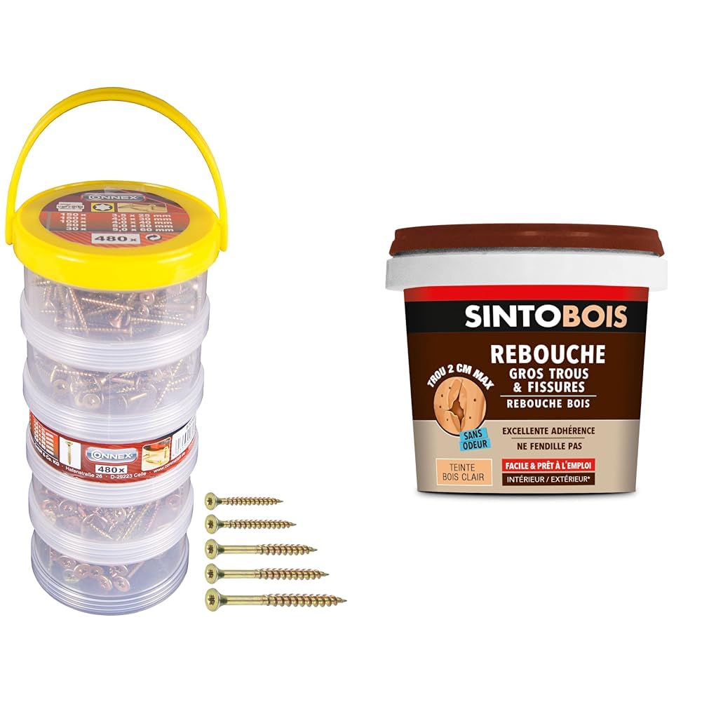 Vis universelles galvanisées et mastic de rebouchage bois fissures sinto 500g