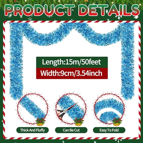 Image of 50 Ft Christmas Tinsel Garland Sky Blue Thick Tinsel Garland Xmas Tree Decorations Metallic Tinsel Twist Garland for Christmas, Birthday, Party Decor Indoor Outdoor Party Supplies