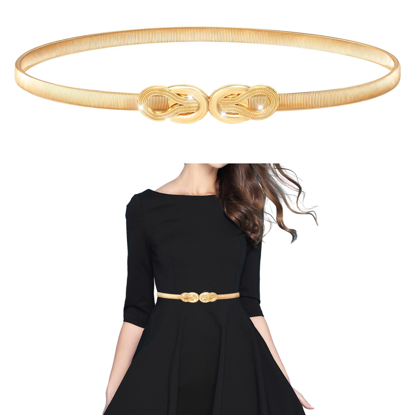 Elastic Skinny Waist Belt for Women, Gold Thin Elastic Chain Belt with Metal Buckle for Dresses Ladies Dress Waist Band-image-22
