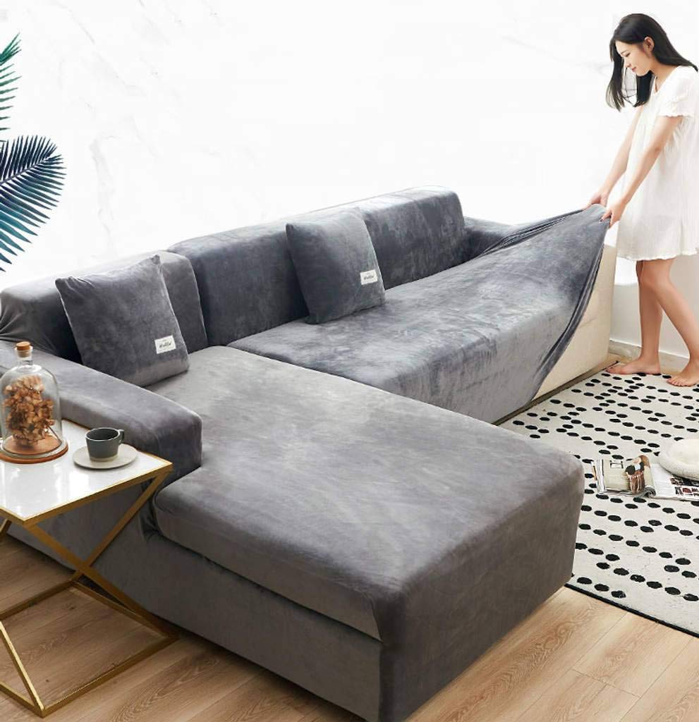 Fundas De Sofá Gruesas 1 2 3 Seater Terciopelo En Forma De L Funda para Sofá Funda De Tela Elástica Elástica De Ajuste Fácil Protector De Muebles para Sofá-3 plazas(190-230cm)-Gris