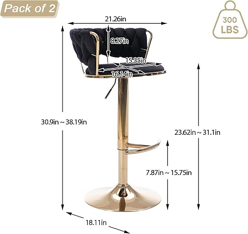 Miniatura 3 de KINFFICT Juego de 2 taburetes de bar giratorios de terciopelo, taburetes de bar ajustables con respaldo tejido, sillas de comedor tapizadas,