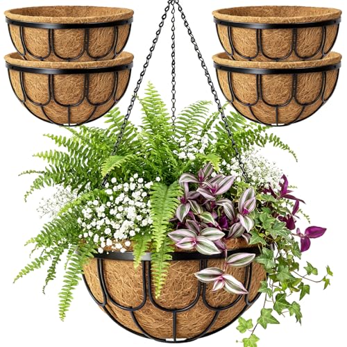 MUYEZHIYU 4 Pack 14 Inch Hanging Planters for Outdoor Plants Black Metal Wire Hanging Flower Baskets with Coco Coir Liner Large Hanging Plant Pots for Garden Patio Balcony Indoor Home Decor