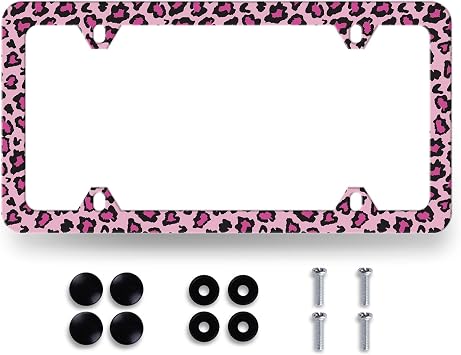 Sexy Leopard License Plate Frame Stainless Steel Parts Decoration | Colorful Pink Leopard Animal Print License Plate Holder Funny License Plate Decoration Men Women with Screws 12.3" x 6.3"