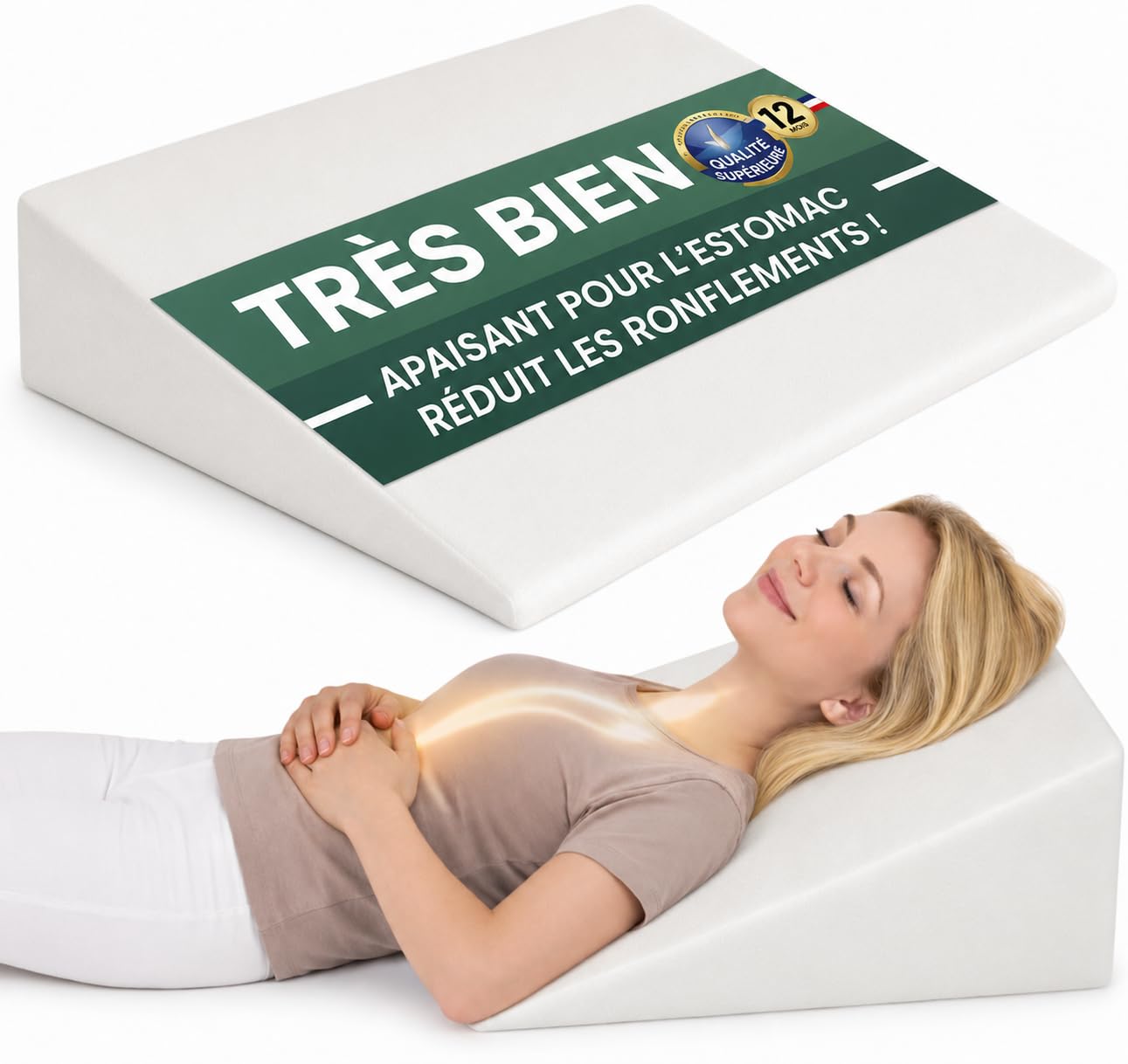Coussin triangle de lit 80 cm – dormir surélevé, mieux respirer & lecture | Coussin triangle de lit pour dormir surélevé · mieux respirer & estomac apaisé · lecture & dos · housse lavable · OEKO-TEX