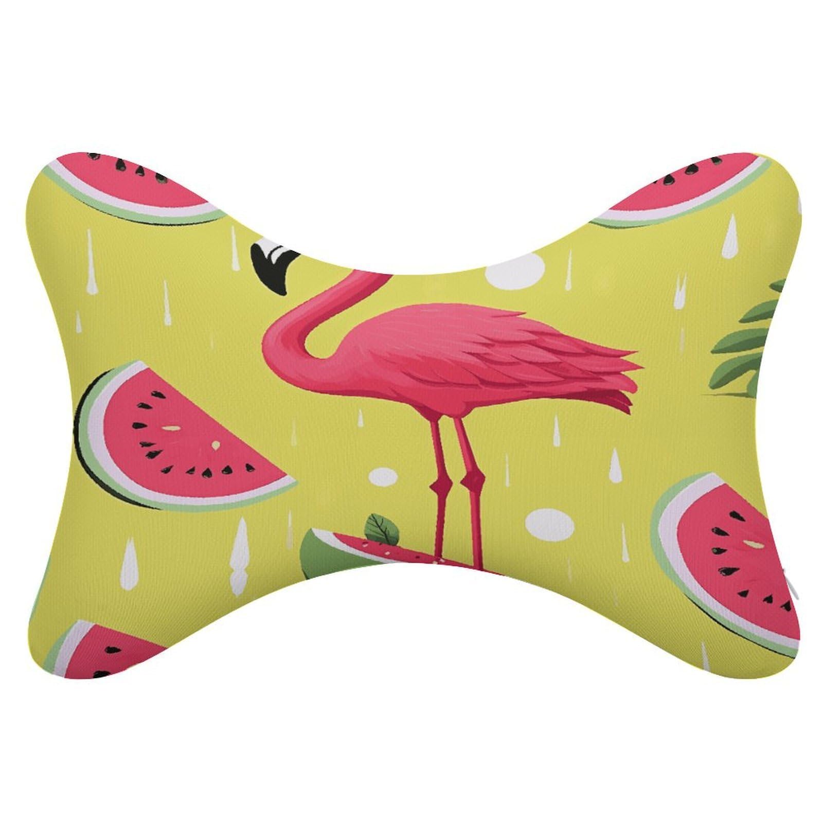 FekiLoot Pink Flamingo and Watermelon Car Headrest Set of 2,Softness Memory Foam Car Neck Pillow with Breathable Removable Cover Car Neck Support Pillow Ergonomic for Driving, Office