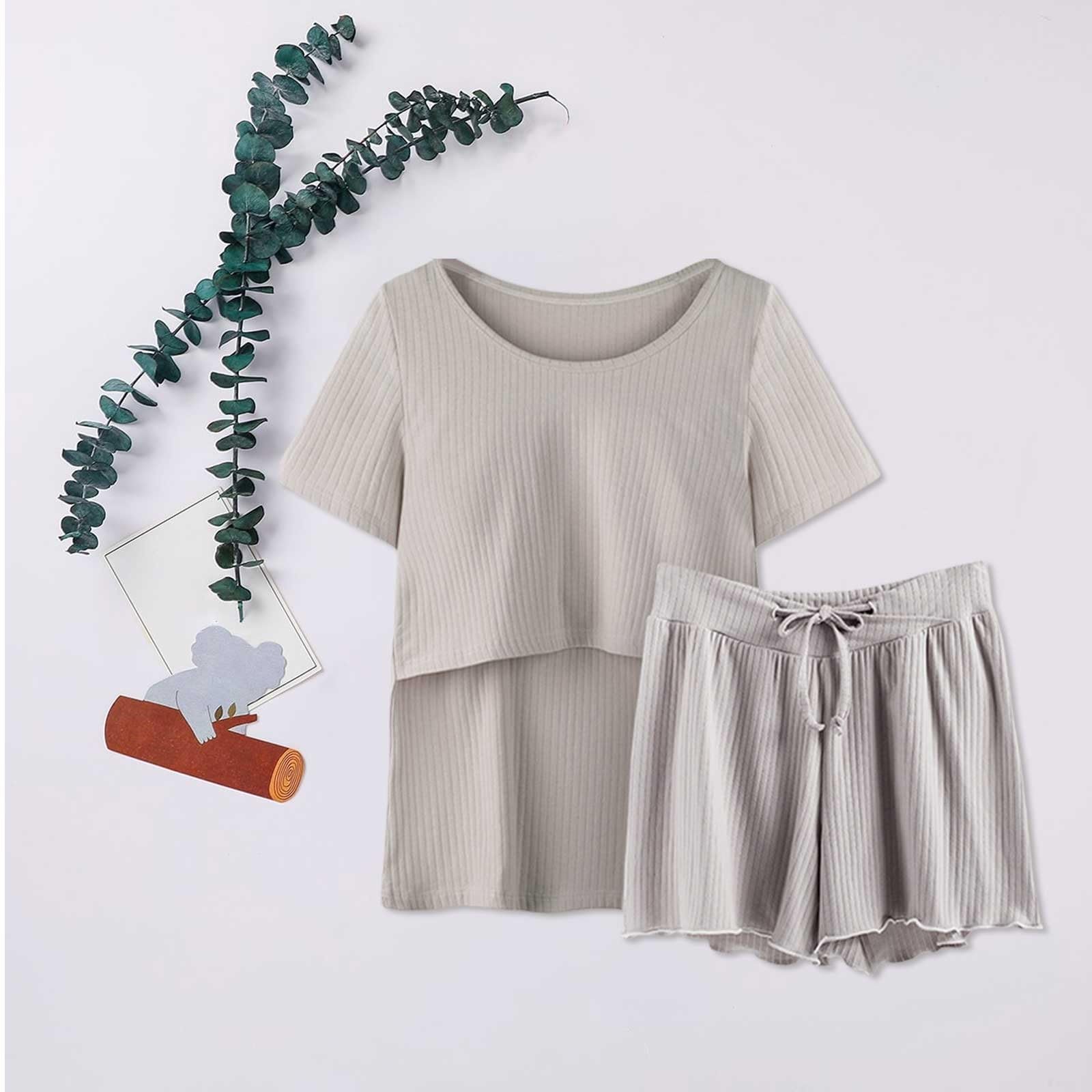 Pijamas Manga Ropa de Dormir de Lactancia Mujer Camisa y Conjunto T Bebé Maternidad Tops Pantalones Cortos Maternidad Dormir Pijama Caliente Embarazada