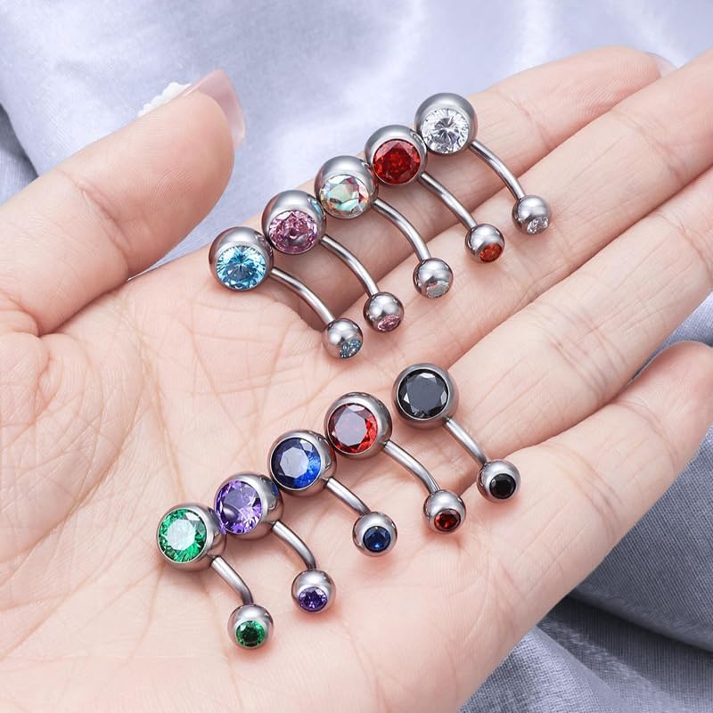 QINHE 316L Stainless Steel Belly Button Rings, Double Gem Navel Piercing Jewelry, 14G, 7 Colors, Hypoallergenic, Unisex