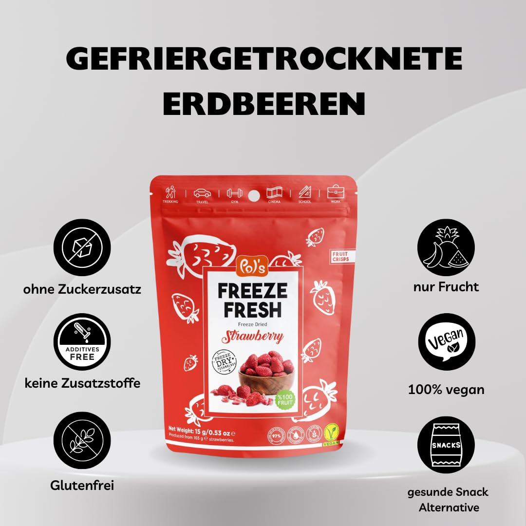 POL'S FREEZE FRESH Gefriergetrocknete Erdbeeren 100% ganze Erdbeeren, Obst Chips Erdbeere, ohne Zuckerzusatz, vegan, laktosefrei, glutenfrei, 7er Pack (7 x 15 g)