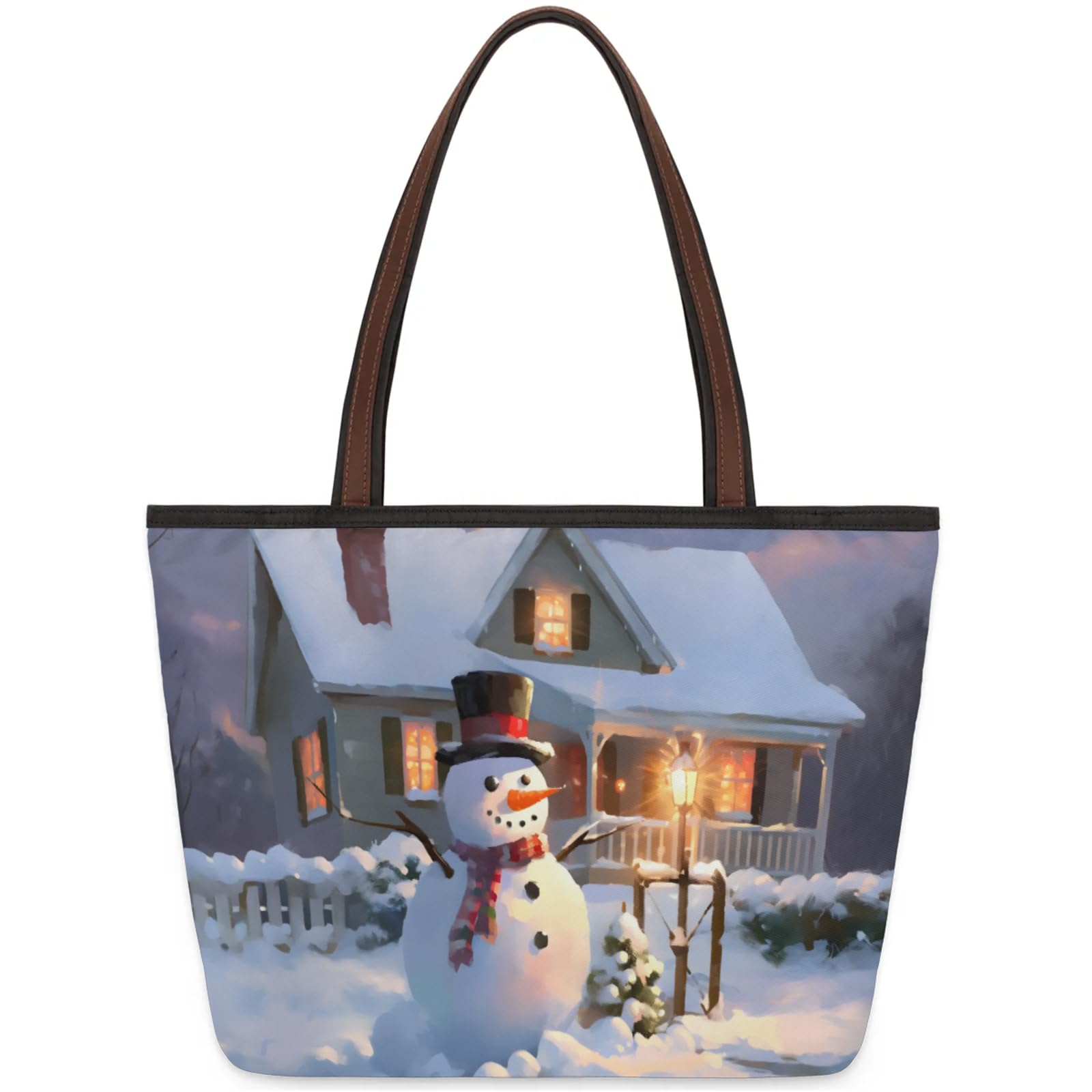 Cute Snowman House Tote Bag Multi Pocket Zippered Beach Bag Lightweight Waterproof Handbag for Women Men Work Gym Travel Swimming Yoga Grocery Shopping L