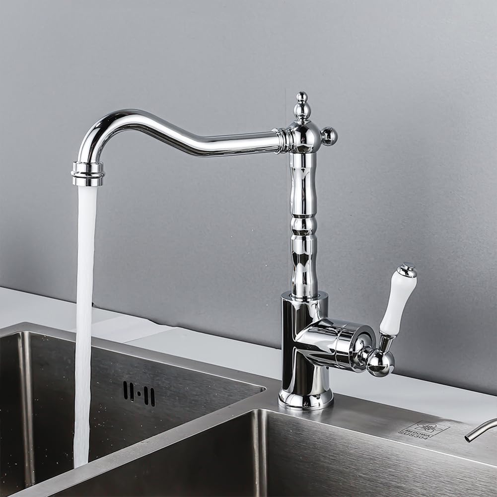 Grifo Cocina Grifo Cocina Fregadero Caño Alto, Antiguo Retro Estilo Latón Monomando Giratorio A 360° Mezclador De Fregadero, Agua Fría Y Caliente Disponibles, Cromado