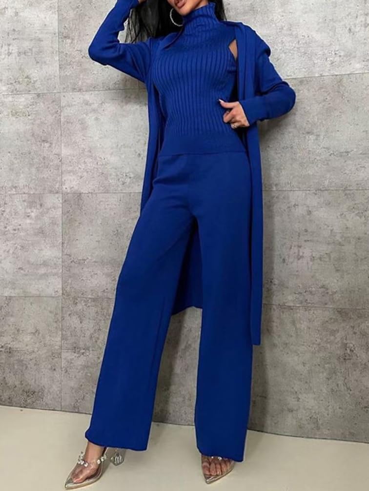 Minetom Femme Ensemble de Survêtement de Trois Pieces Survêtement Tricoté Pullover Set Débardeur et Cardigan Long et Pantalon 3 Pièces