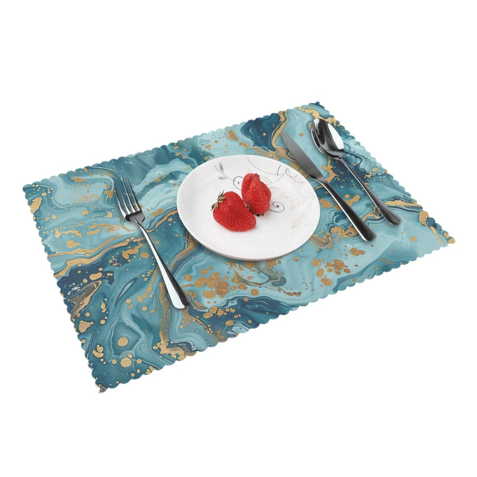 Azurite Teal and Foil Gold Oil Marble Pattern Printed Placemat Heat Resistant Place Mats Set of 4 PCS Washable Kitchen Table Mats, 12x18 Inch
