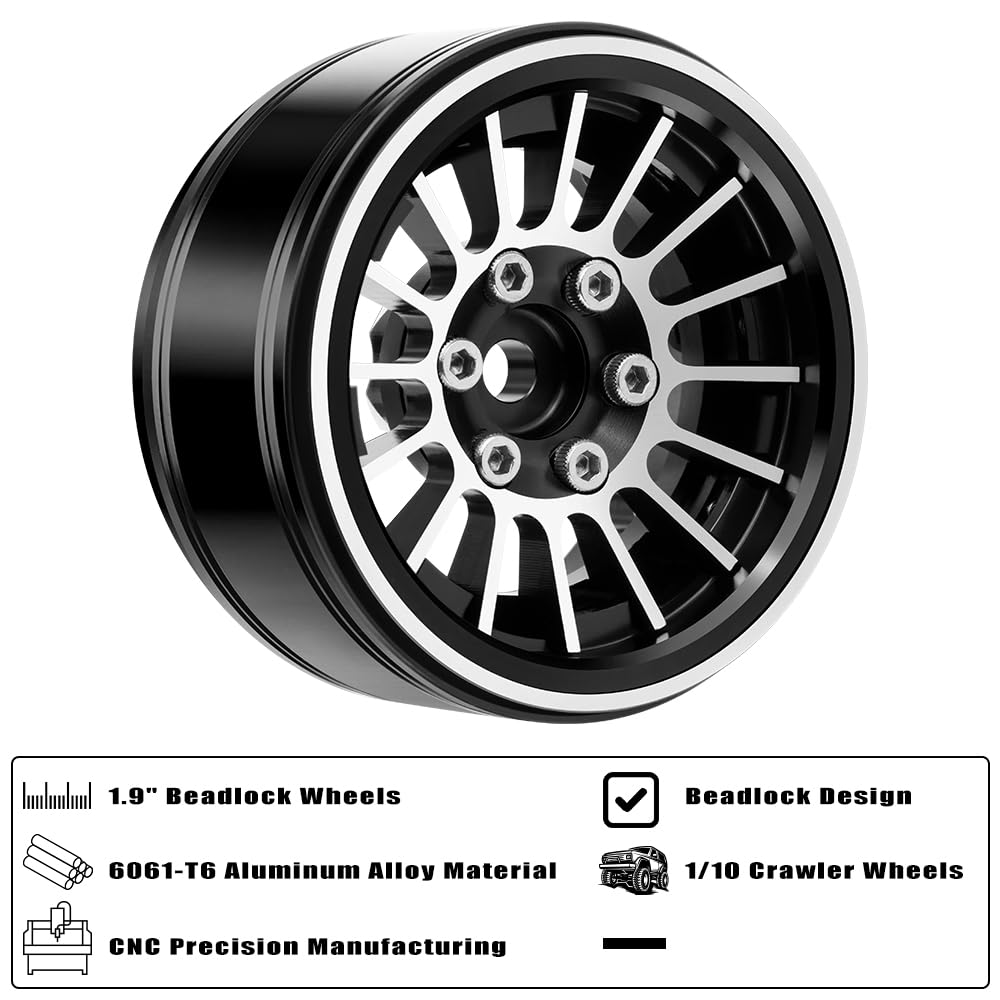 GLOBACT 1.9 Beadlock Wheels Metal 16-Spoke Wheel Rim Hub for 1:10 RC Crawler Axial SCX10 TRX4 TRX6 Redcat GEN7 GEN8 RC4WD D90 VS4-10(4Pcs Black)