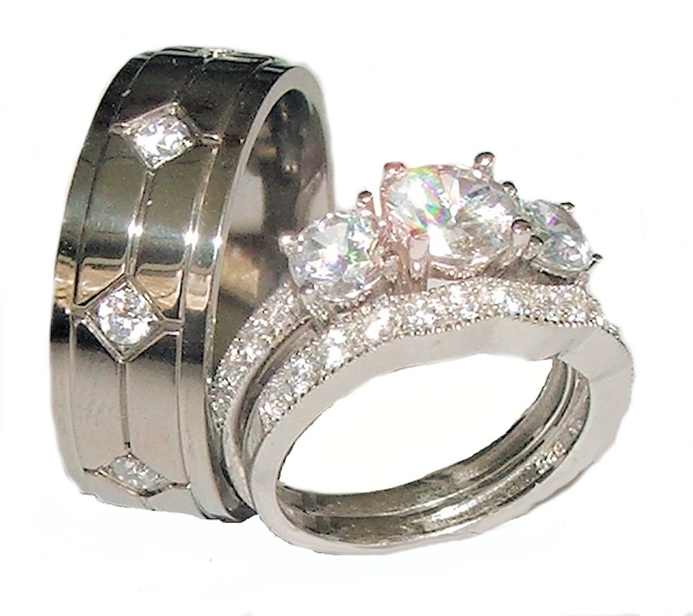 EEJ His and Hers Sterling Silver Wedding Ring Set 3 Piece 925 Sterling Silver & Titanium Cz Cubic Zirconia Wedding Ring Set
