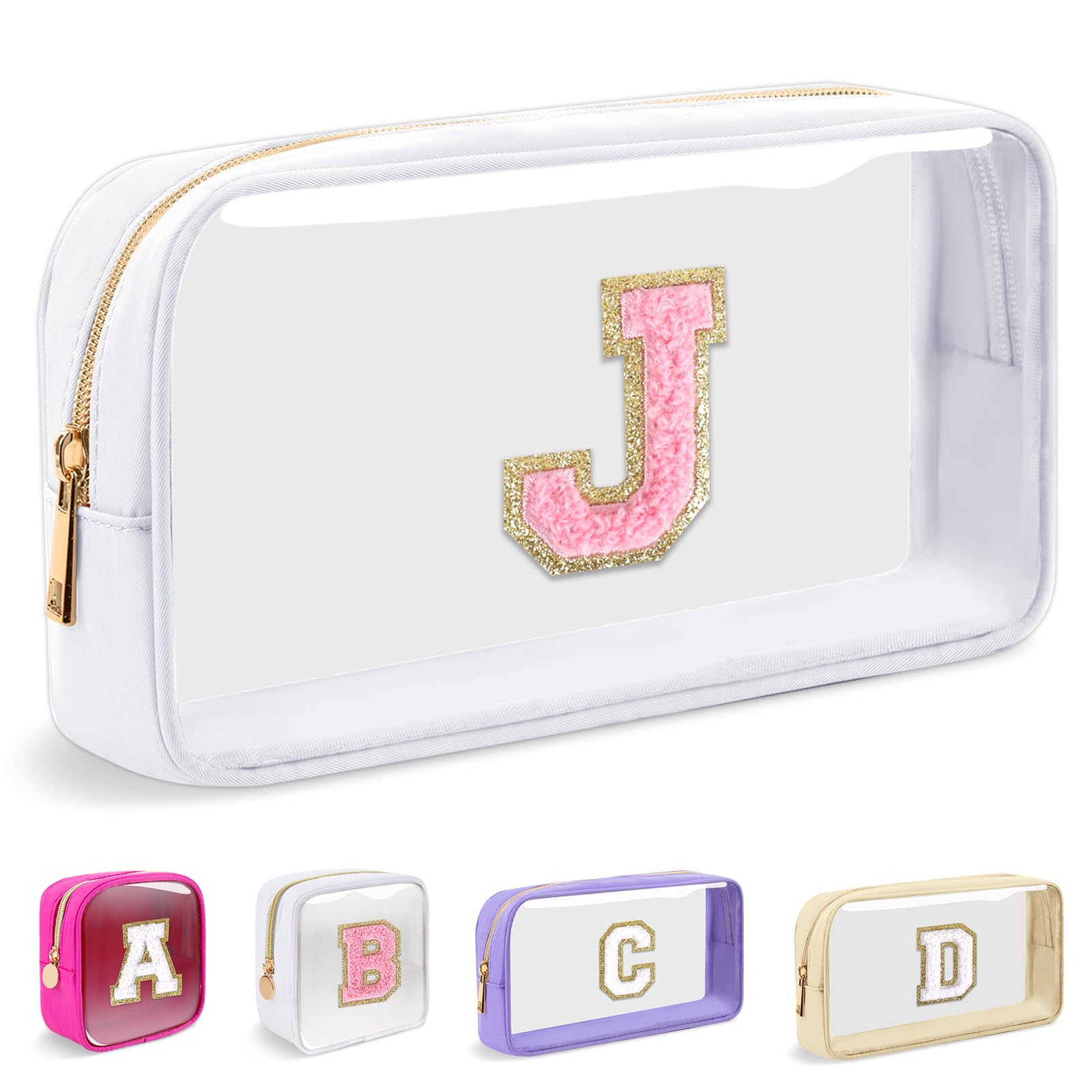 Small Clear Personalized Initial Makeup Bag,Nylon Preppy A-Z Chenille Letter Patch Cosmetic Pouch Beach Toiletry Bag,Waterproof Zipper Travel Purse