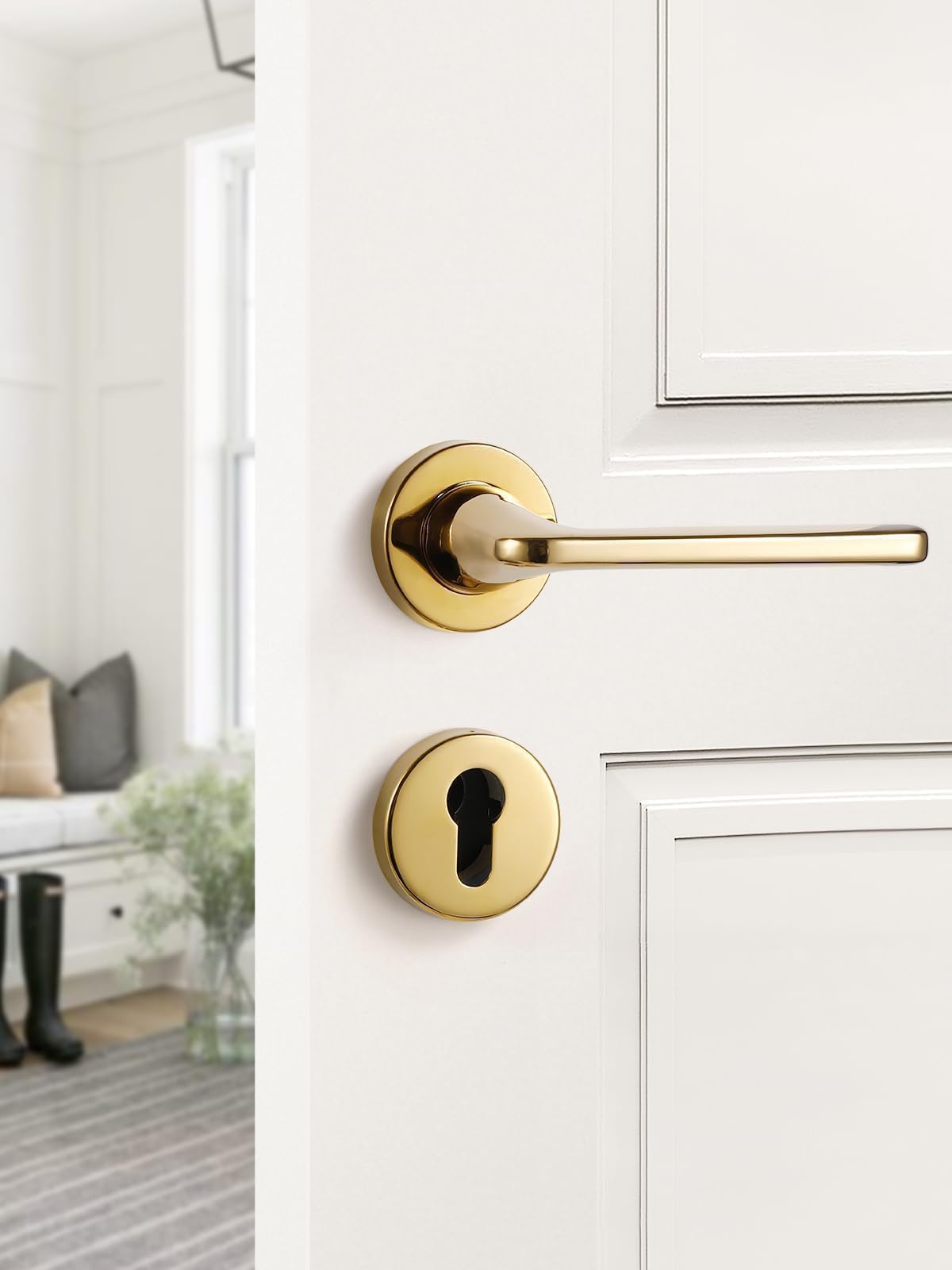 SORWDUERM Gold Door Handle Set, Matte Brushed Stainless Steel, L Shape Round Rosette PZ Profile Cylinder for Front & Interior Doors - Image 4