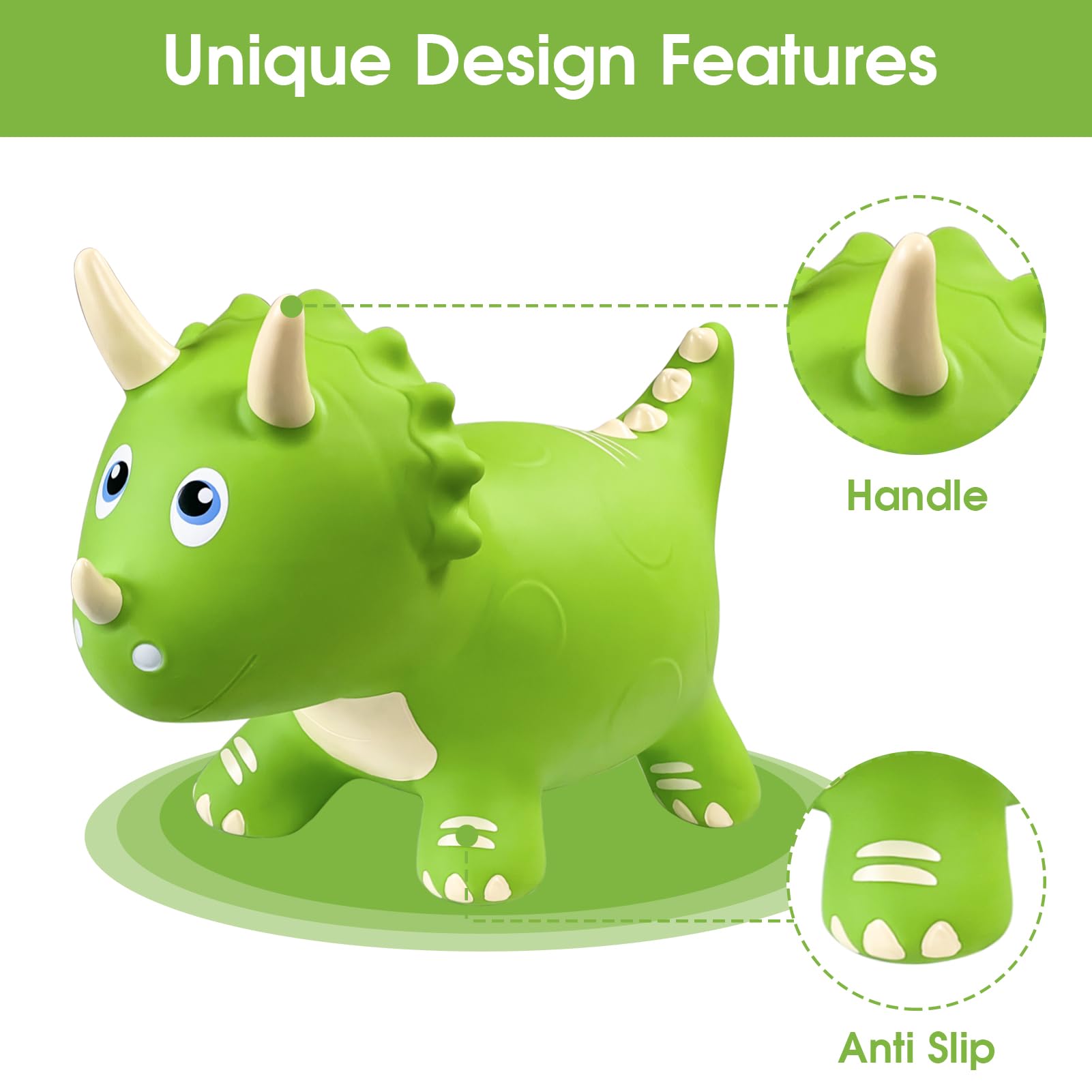 HotMax Dinosaur Bouncy Hopper Toys, Bouncy Horse for Toddlers, Inflatable Ride on Bouncy Animals, Bouncing Triceratops for Kids, Birthday Gift for 18 Months 2 3 4 Year Old Boy or Girl(Green)