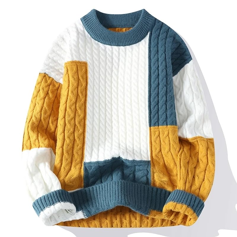 Winter Patchwork Loose Sweater Men Streetwear Casual Sweaters Warm Knitting Pullovers2