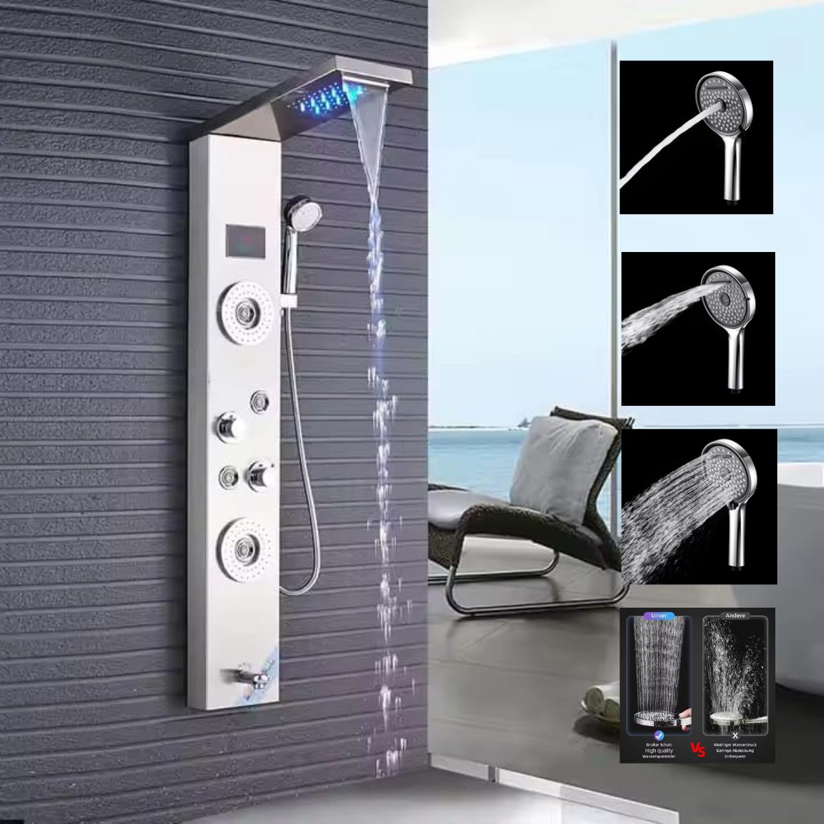 Shower Panel 304 Grade Stainless Steel Shower Panel / 6 in 1 Shower System/Handshower with Waterfall Outletl/Tub Spout/Body Massage Spray With Hot &cold Mixer (Chrome Finishing)