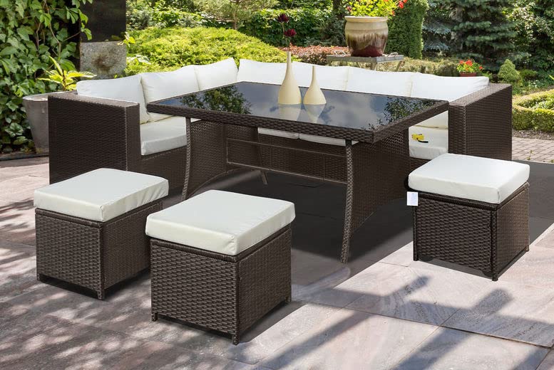 Image of DEVOKO Outdoor Wicker L-Shape Conversation Patio Furniture Set with Dining Table, Chairs, and Ottoman for Pool, Garden, Balcony (Dark Brown & White)