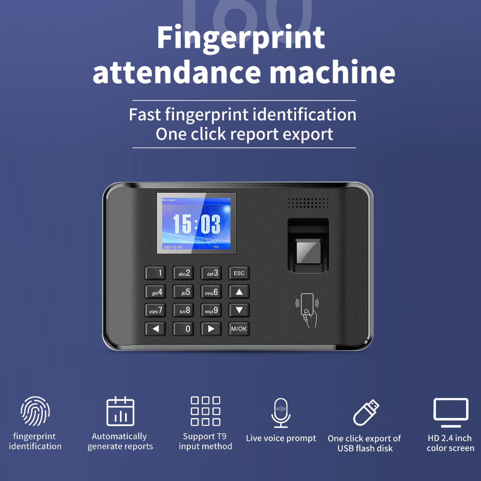 Rilevazione Presenze,Impronta digitale biometrica intelligente Macchina per la rilevazione delle presenze per il check-in dei dipendenti Schermo LCD 2,4 pollici Funzione carta d'identità