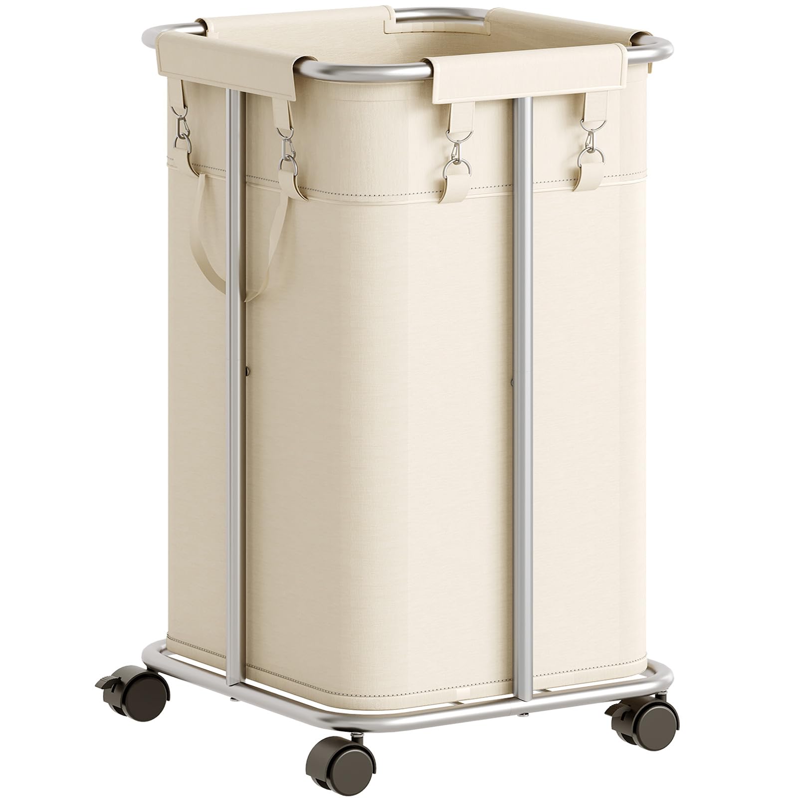 Laundry Basket with Wheels, 30 Gallons (114 L) Rolling Laundry Hamper, Narrow Slim Laundry Sorter with Removable Oxford Fabric Bag, Laundry Room, Dorm Room, Bedroom, Beige and Silver SW06XY01