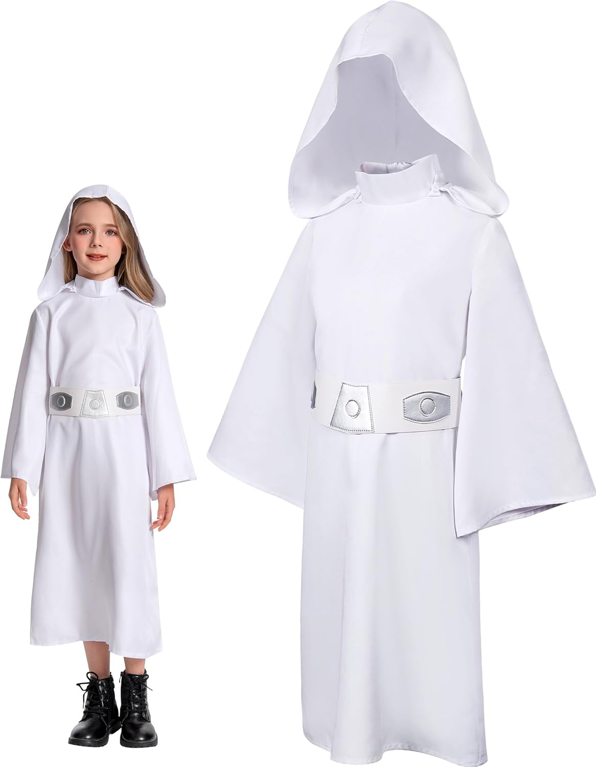 Princess Costume Kids Girls Force Knight Cosplay White Dress Belt Outfit for Birthday Halloween 130 White