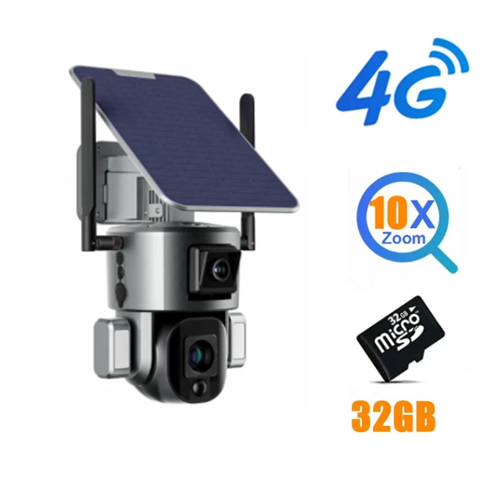 Caméra de sécurité, 8MP 4G caméra Solaire sans Fil 4K Double Objectif 4X 10X Panneau détection Humaine PTZ Surveillance extérieure(4G 10X Zoom 32GB)