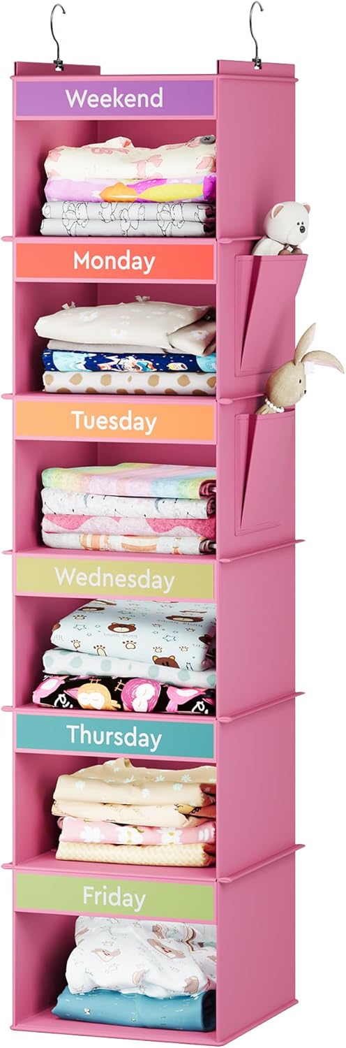 YOUDENOVA Weekly Clothes Organizer for Kids, Hanging Closet Organizer, Pink | Days of the Week Clothes Organizer, Dorm Room Essentials, Reinforced Bamboo Slats, School Outfit Planning, Breathable Fabric