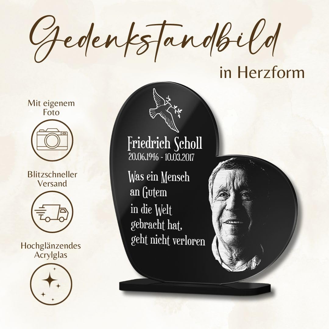 CHRISCK design Gedenktafel mit Gravur Fotogravur - Grabstein für verstorbene Menschen Herz stehend - Grabschmuck graviert für Hunde & Katzen - Grabplatte im Kerzenschein Leuchtend - Gedenkstandbilder