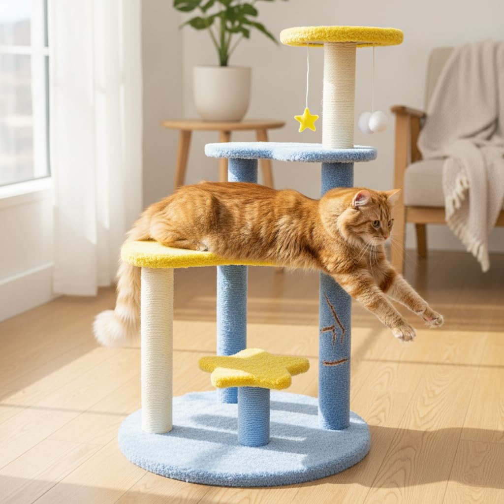 Tiragraffi per Gatti Grande Design, Tessuto, arrampicarsi, tema notturno, sisal, legno, per felini di taa robusta, graffiare