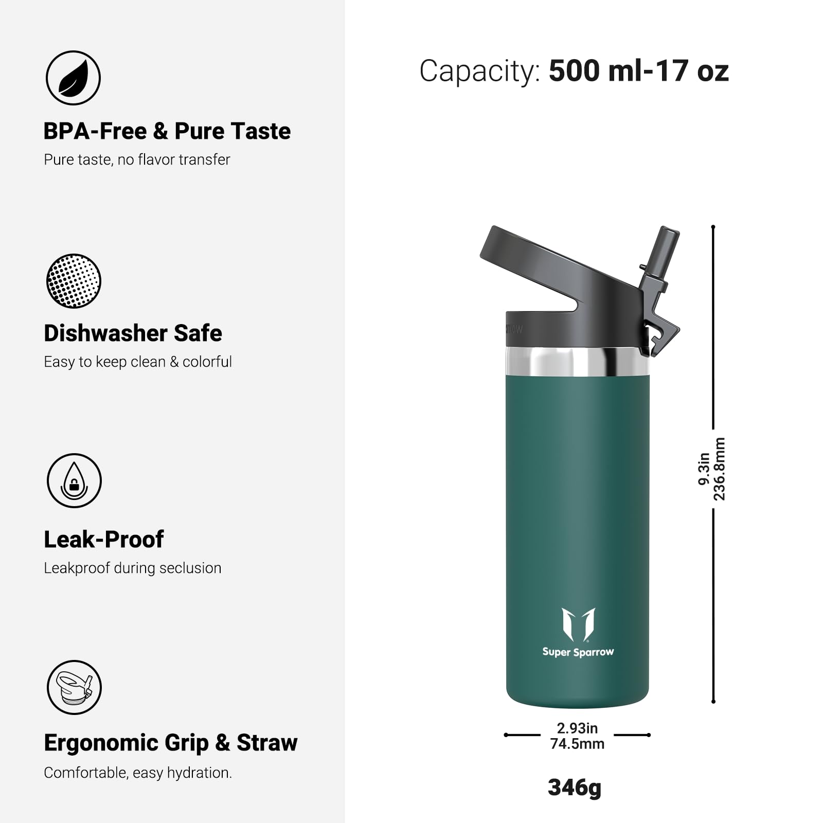 Super Sparrow Borraccia Termica - 500ml, 750ml, 1L - SwivelSip Inox Bottiglia - Senza BPA Borracce Termiche, Borraccia Bambini Ergonomica per Scuola, Sportiva, Bici, Campeggio, Palestra