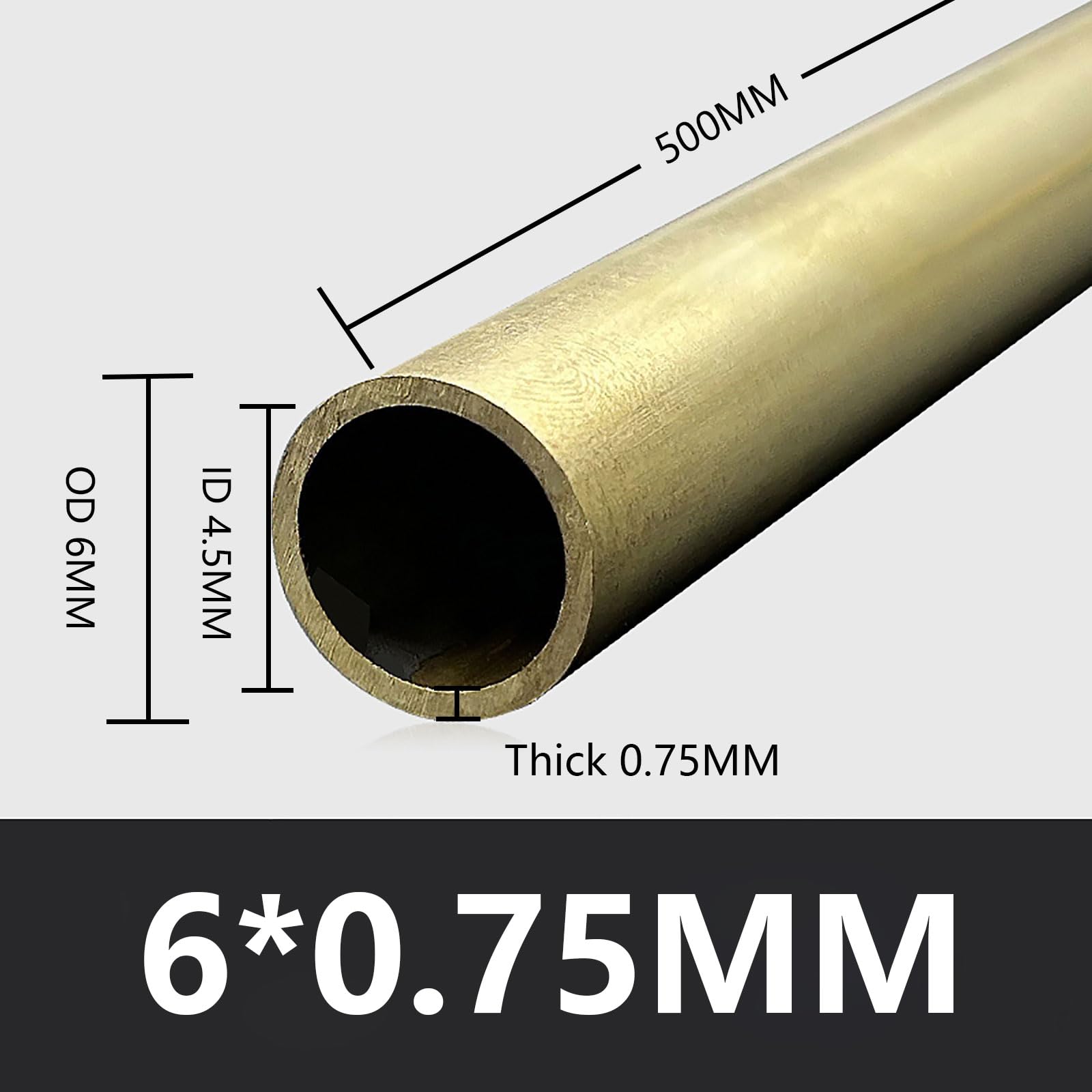 Tubo redondo de latón de 6 mm de diámetro exterior de 0,75/1/1,5/2 mm de grosor de pared × 500 mm de longitud, tubo recto de precisión de alta resistencia, 6 x 0,75 mm
