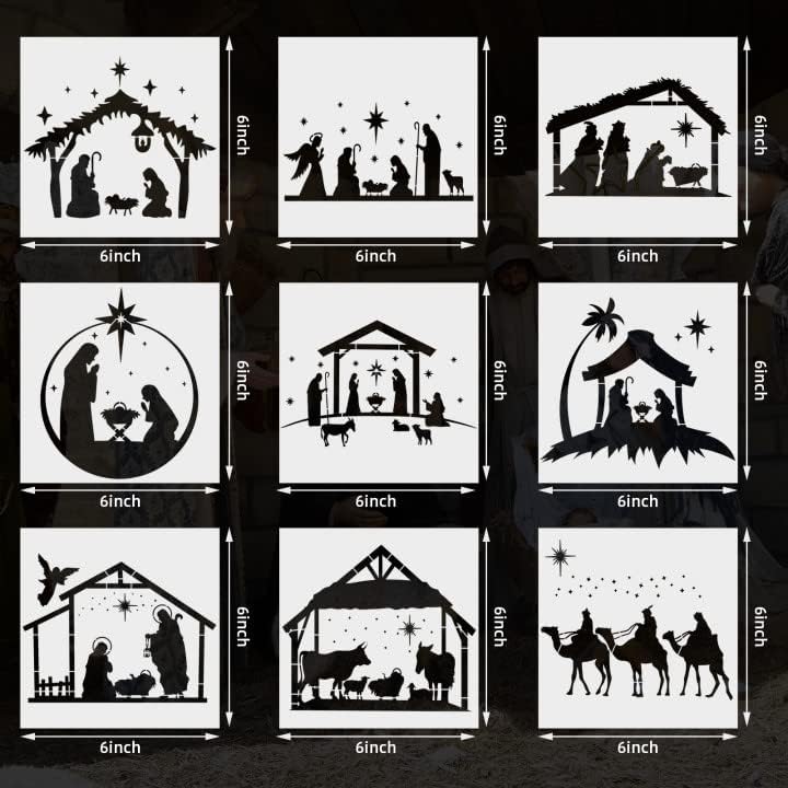 9 Pieces Christmas Nativity Scene Stencils Reusable DIY Painting Stencil for Painting on Wood Canvas Plastic Nativity Scene Paint Stencils for Crafts Fabric Home Décor