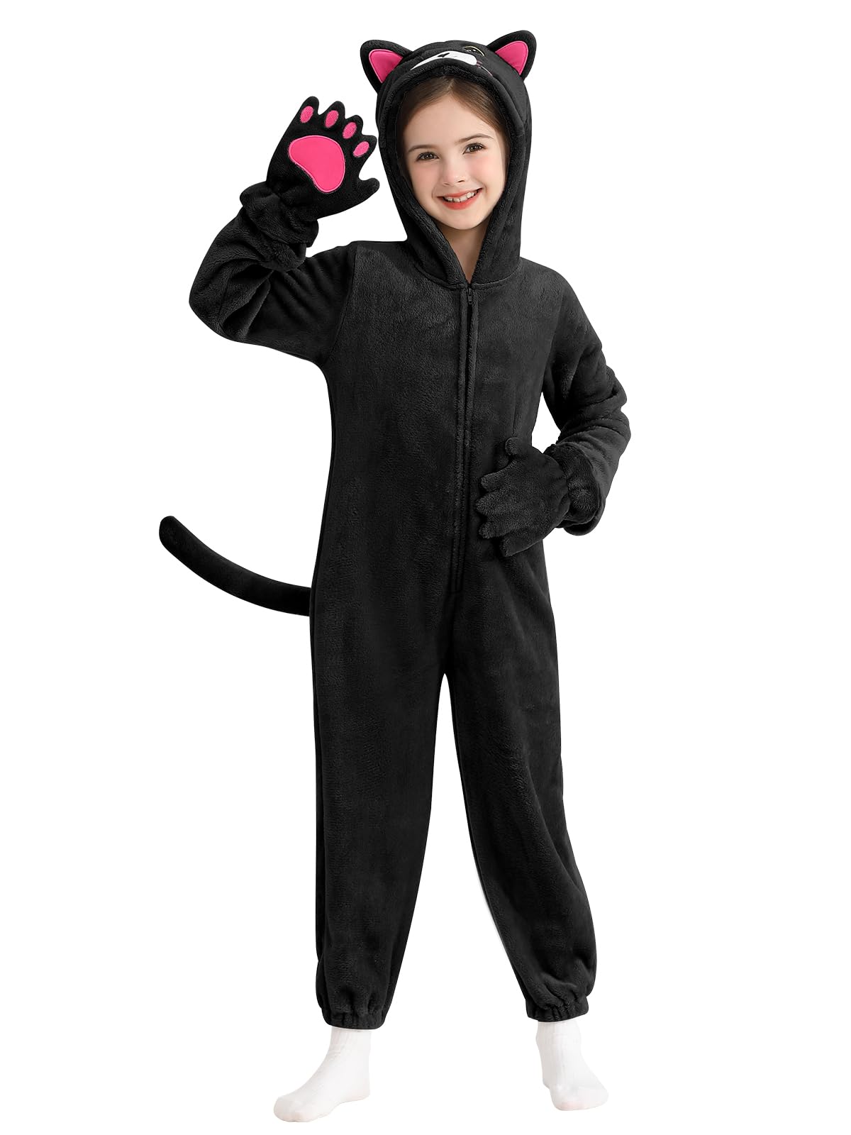 ESHOO Black Cat Costume for Girls Kids Halloween Costumes Leopard Print Onesie Cheetah Jumpsuit Cat Costumes for Kids Girls Boys 3-10 Years