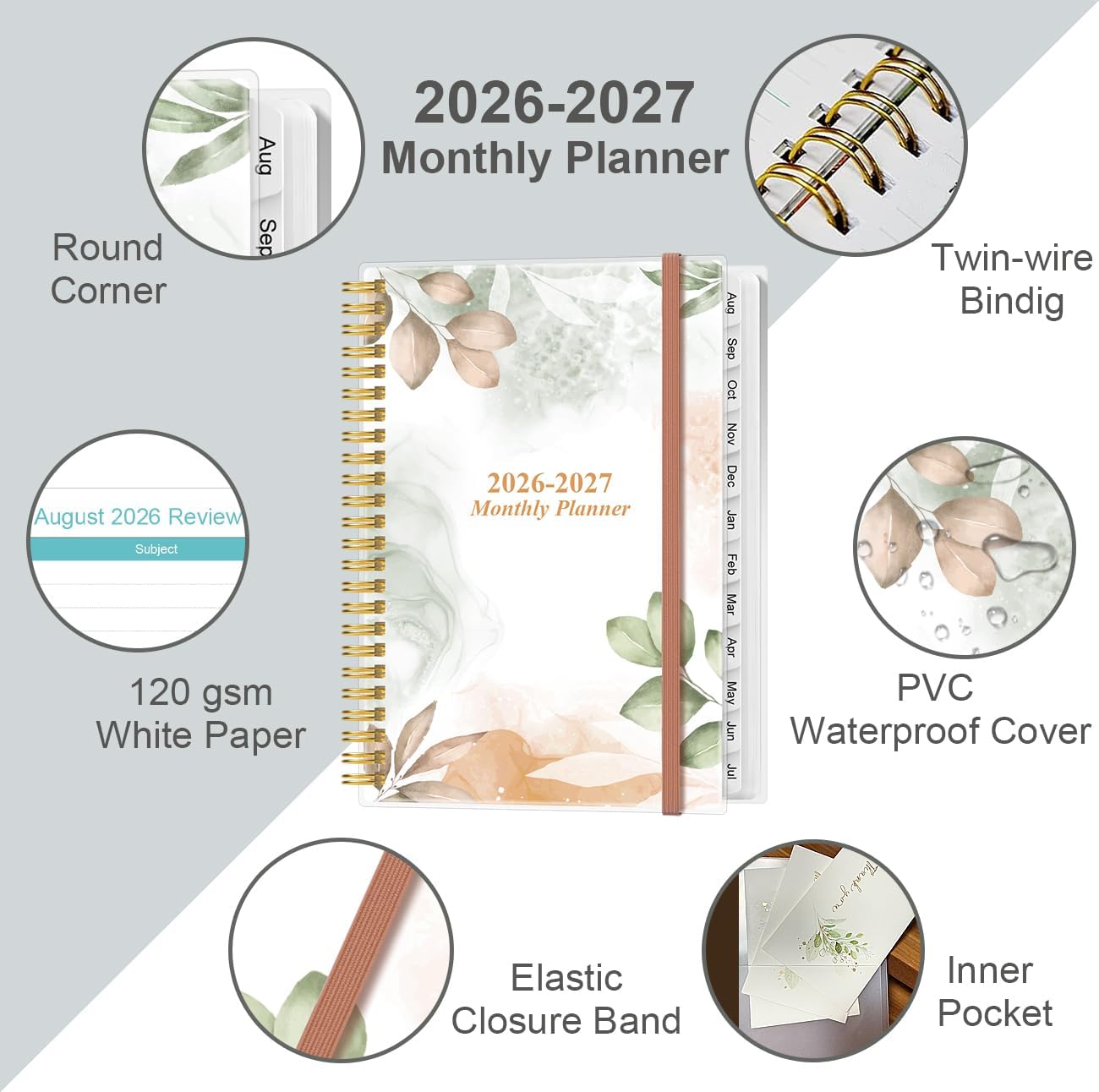 2026-2027 Monthly Planner - August 2026 - December 2027, Two Pages Per Month, 17 Monthly Calendar/Planner with Tabs, Inner Pocket, 6.4" x 8.5", Rose Leaf image 2