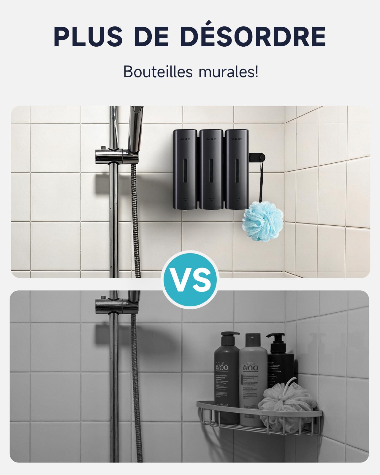 AIKE EasyPush Distributeur De Douche, Fixation Murale sans Perçage pour Shampoing & Après-shampoing, Économise Espace, Triple
